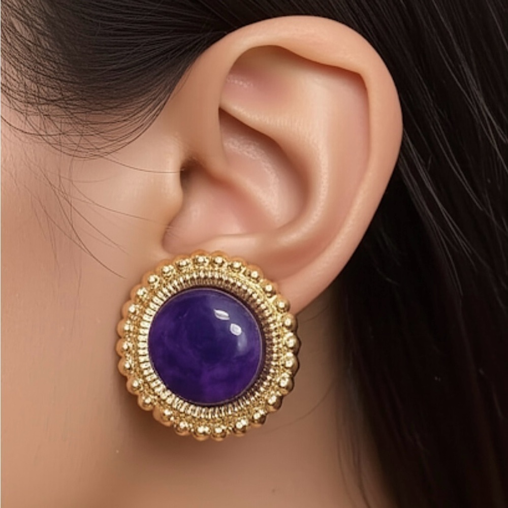 LightWeight Purple and Gold Tone Statement Round Stud Earrings